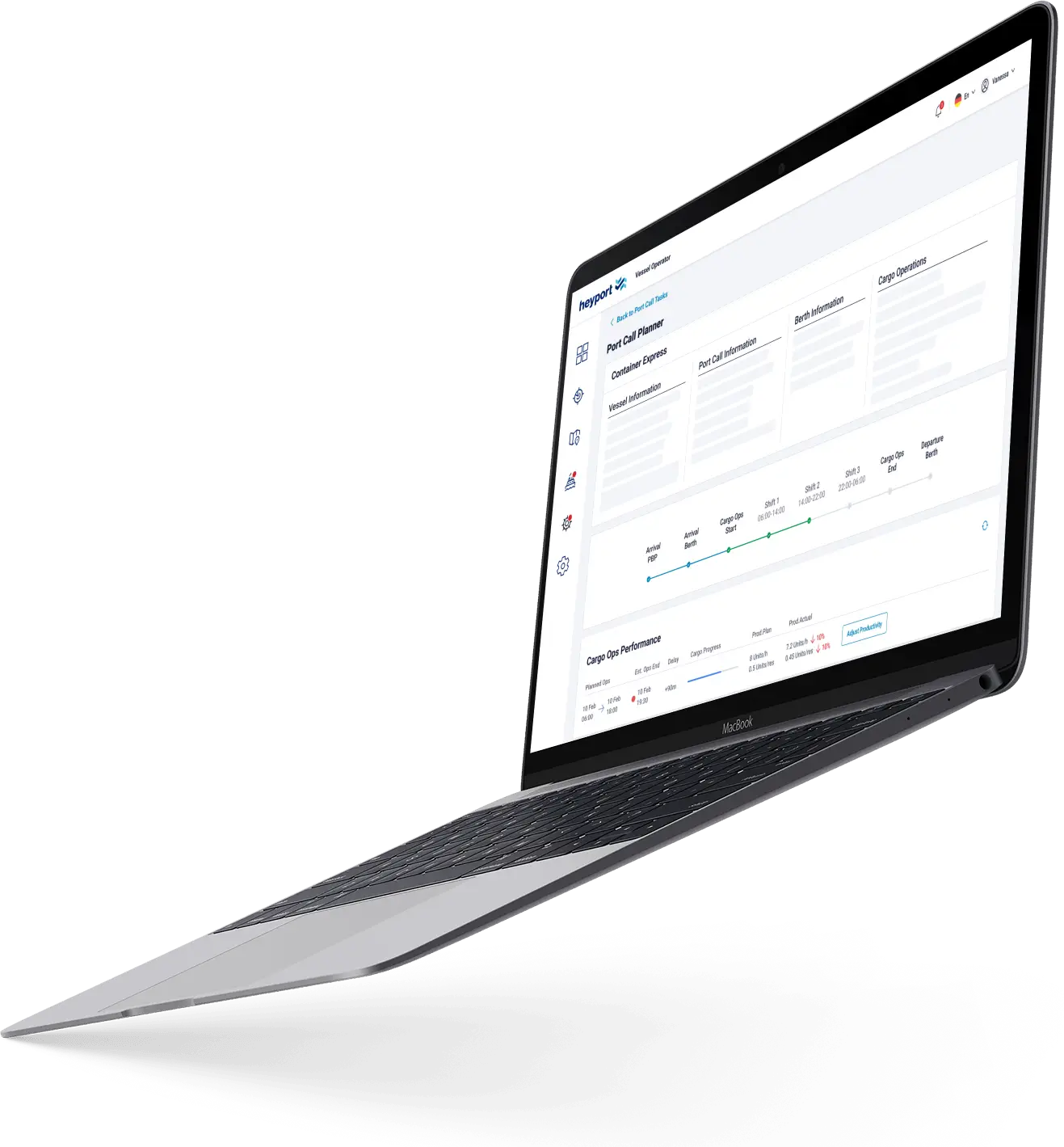 Macbook mockup for digital port call and berth planning with heyport